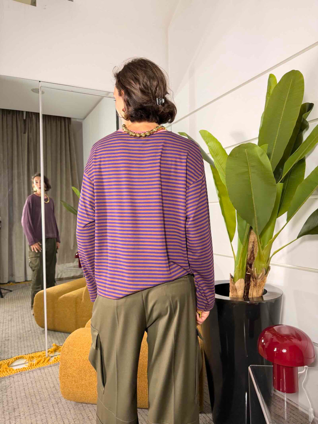 Maglia a righe girocollo manica lunga cammello e viola 