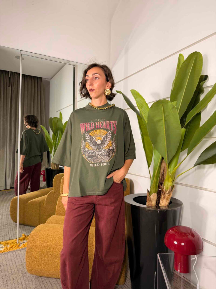 T-shirt over con stampa aquila militare manica corta girocollo 