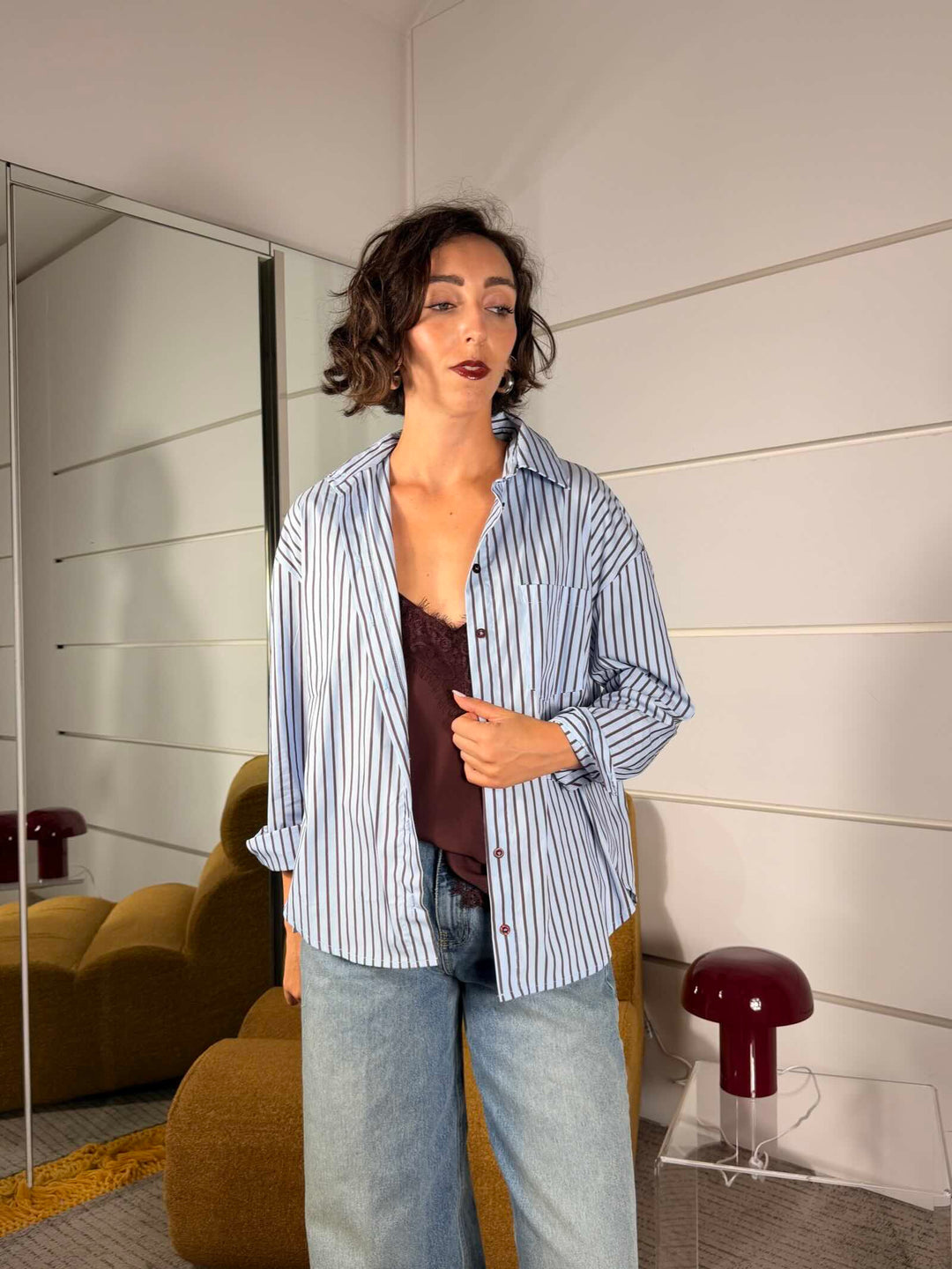 Camicia over gessata celeste<BR/> 