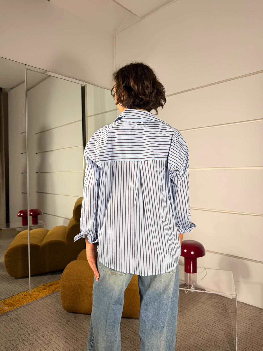 Camicia over gessata celeste<BR/> 