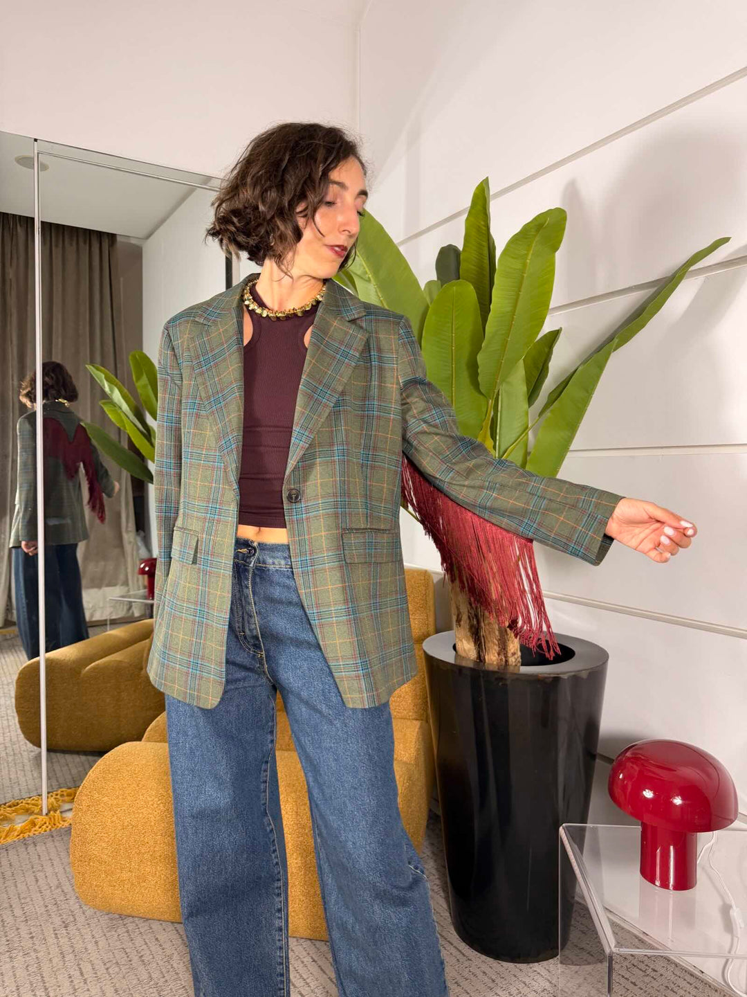 Giacca monopetto stampa check verde e bordeaux con frange 
