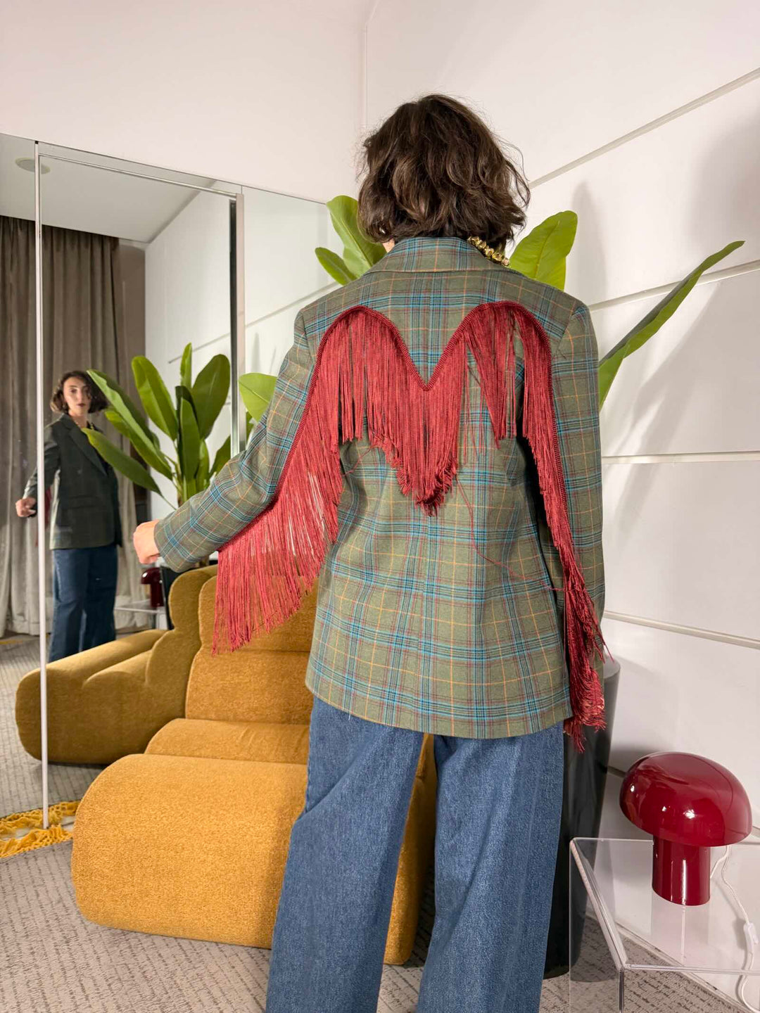 Giacca monopetto stampa check verde e bordeaux con frange 