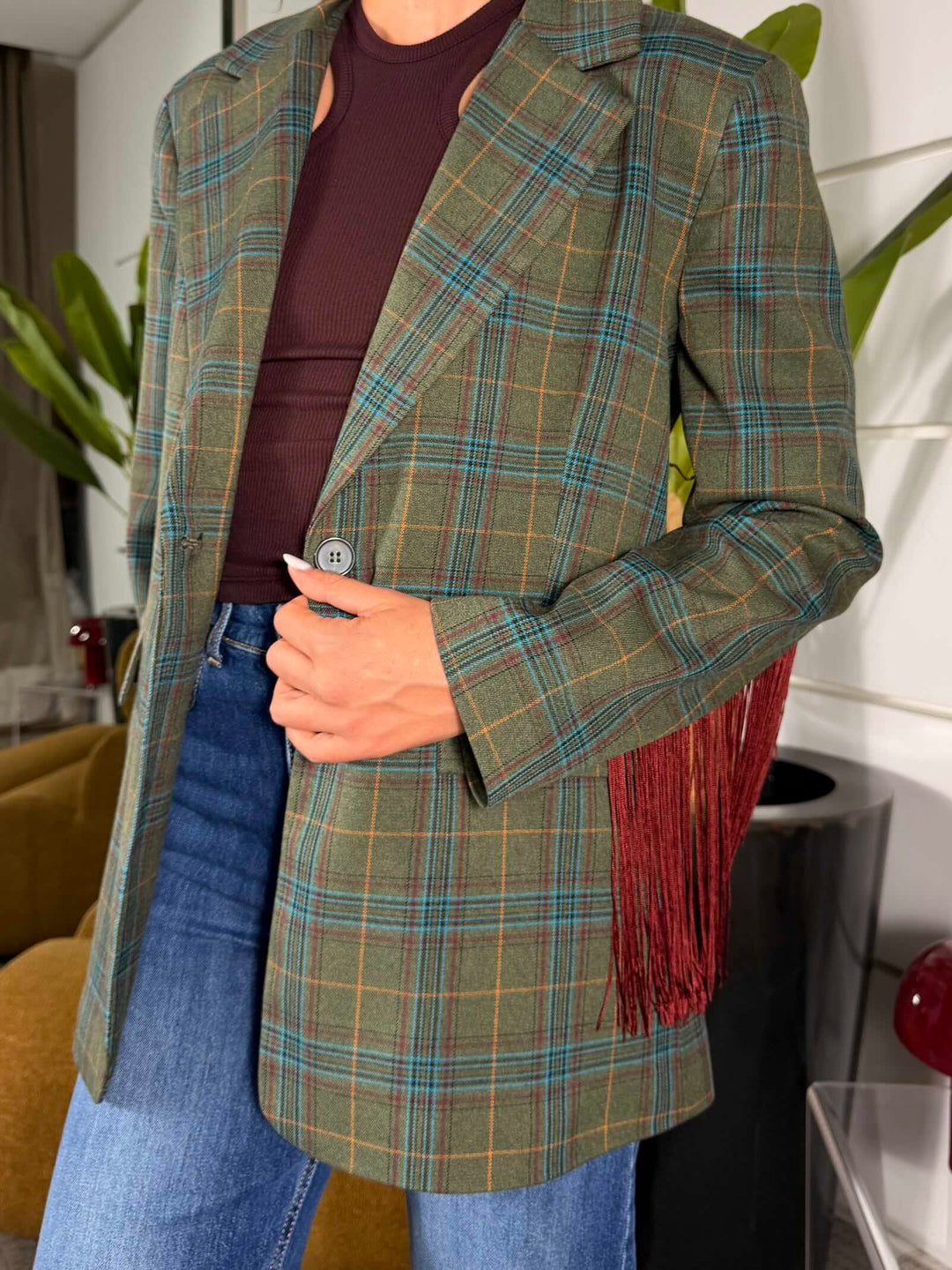 Giacca monopetto stampa check verde e bordeaux con frange 
