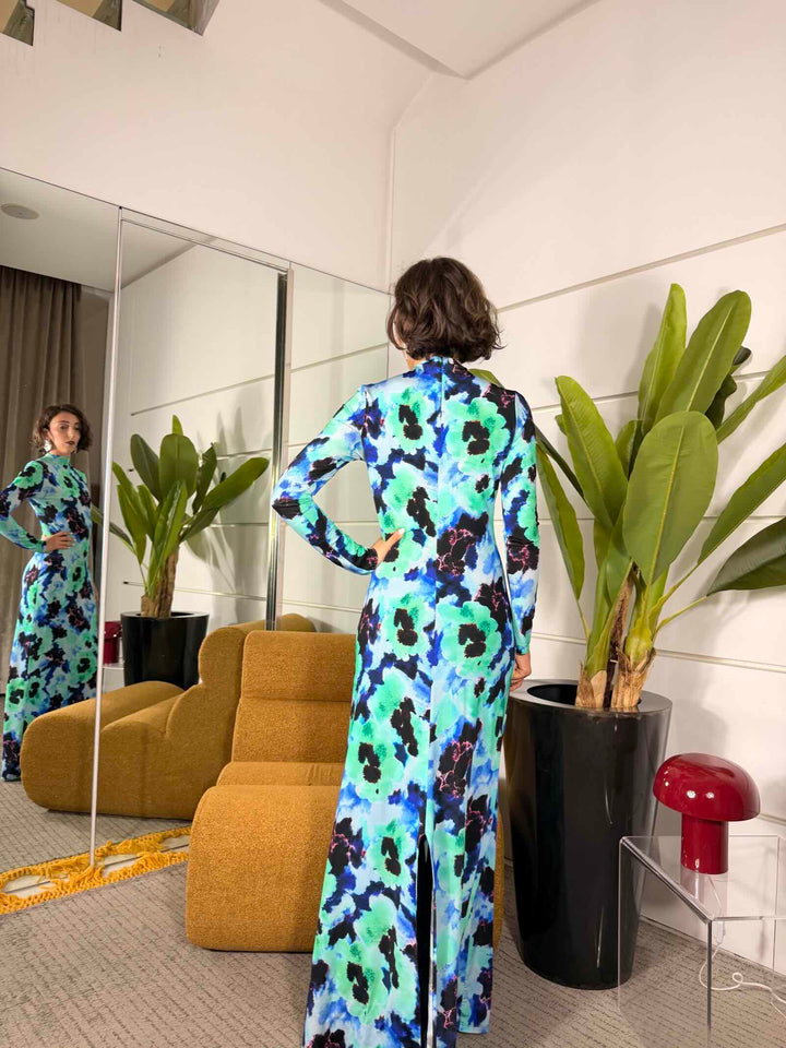 Abito lungo stampa floreale manica lunga accollato 