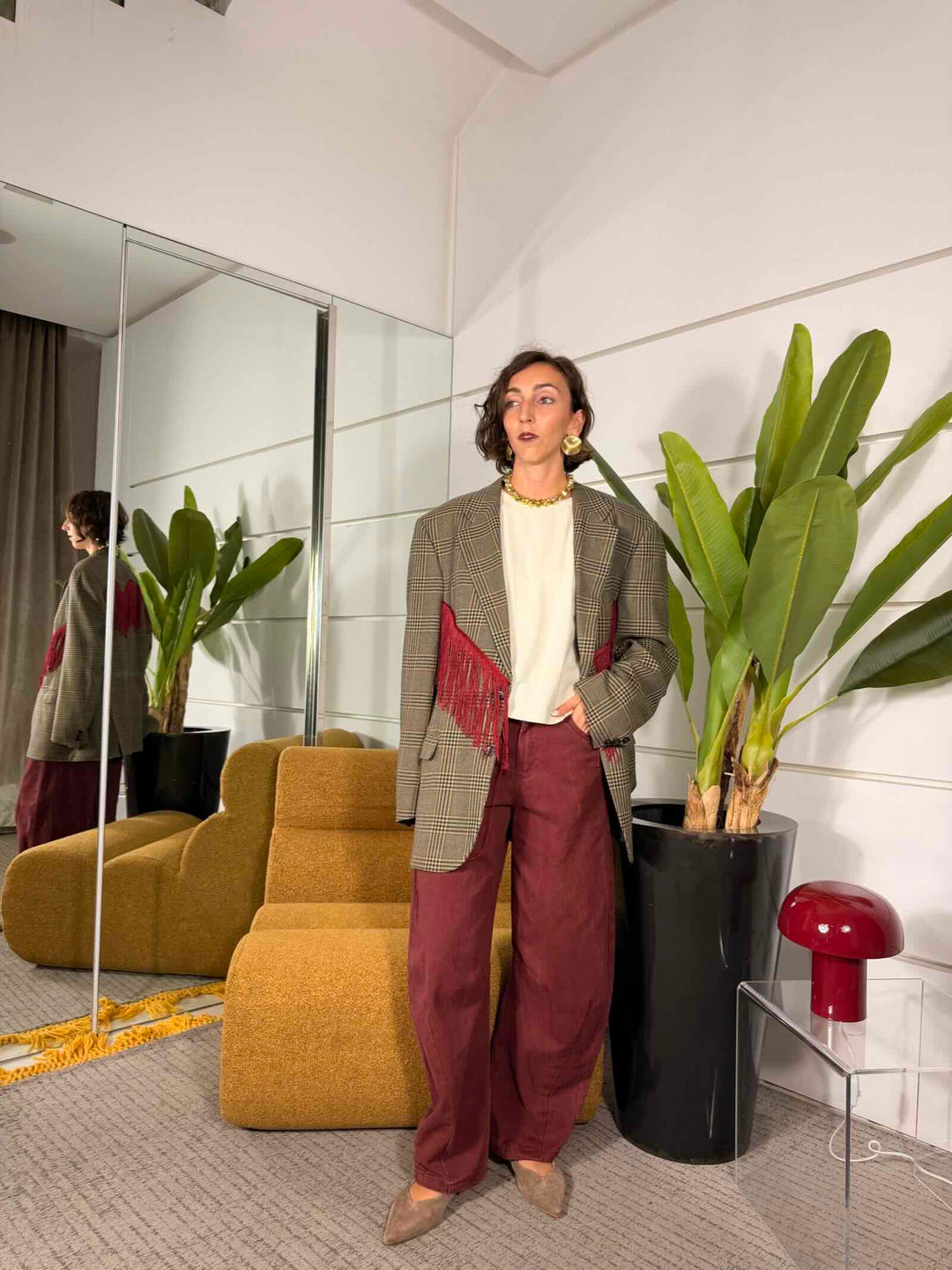 Pantalone in cotone barrel bordeaux 