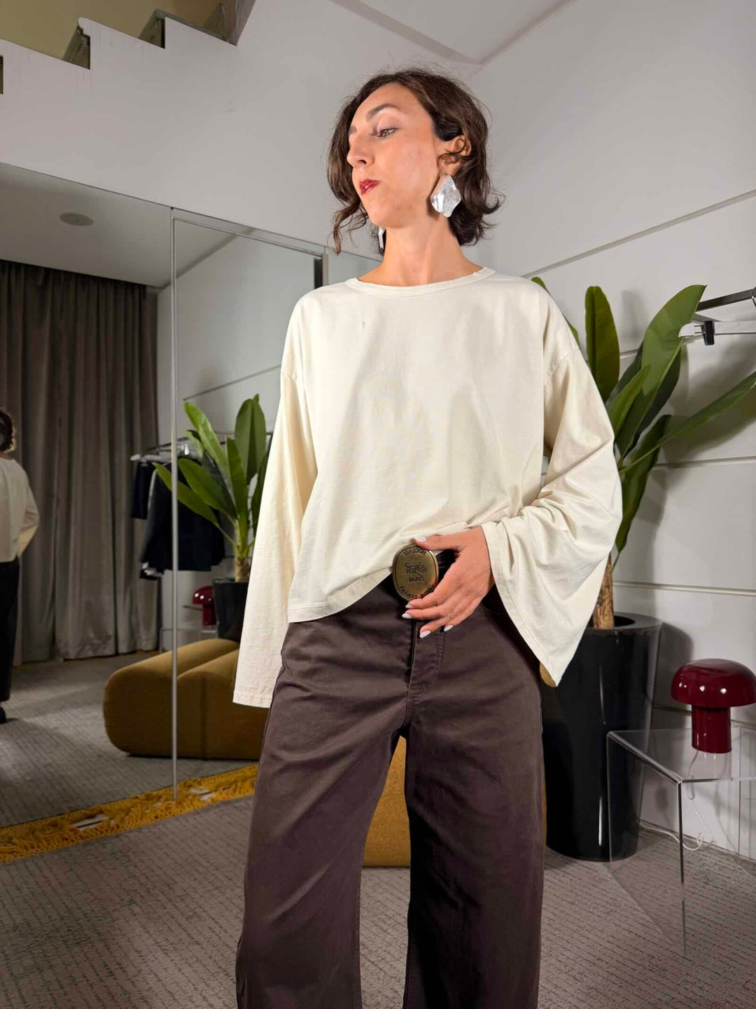 Pantalone barrel crop  moka in cotone con cinta 
