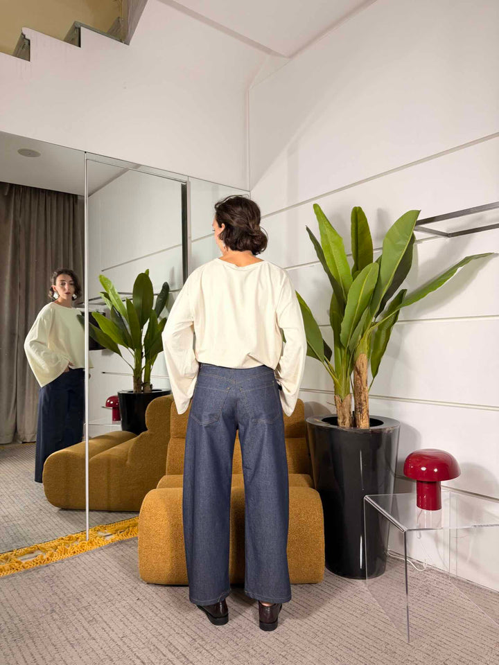 Jeans Moka barrel crop con cinta 