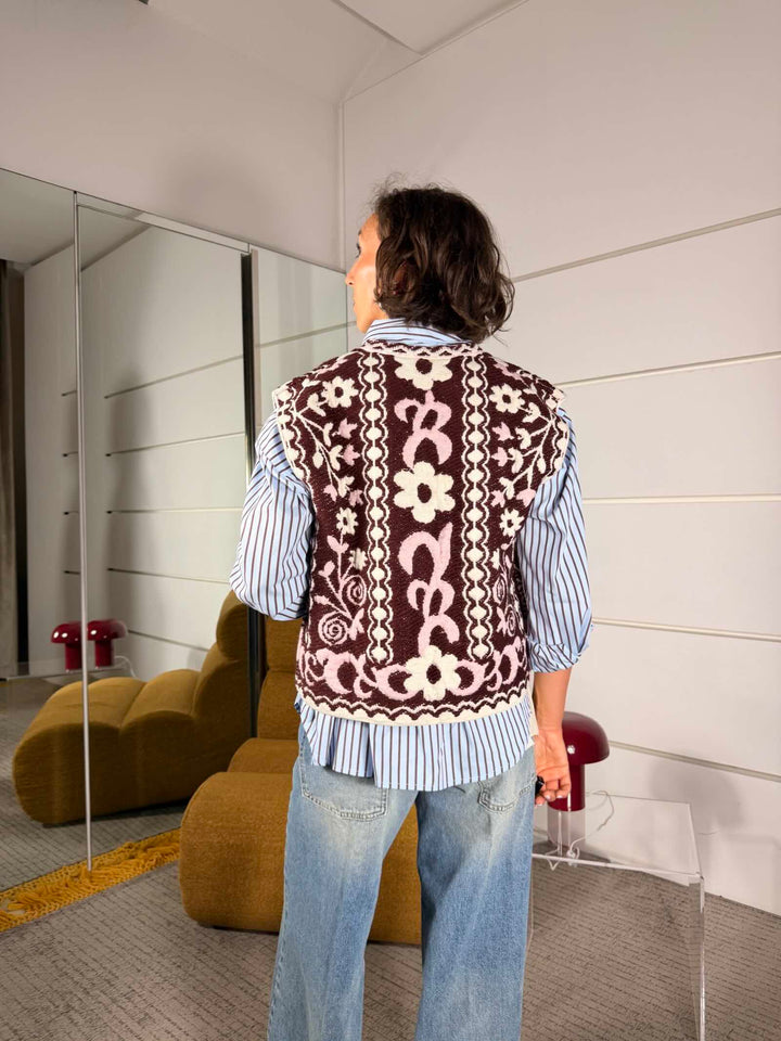 Gilet in maglia con motivo floreale bordeaux 