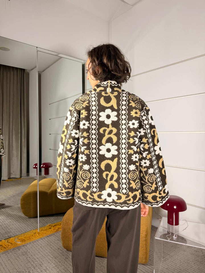 Caban a fantasia tramata con fiori cammello 