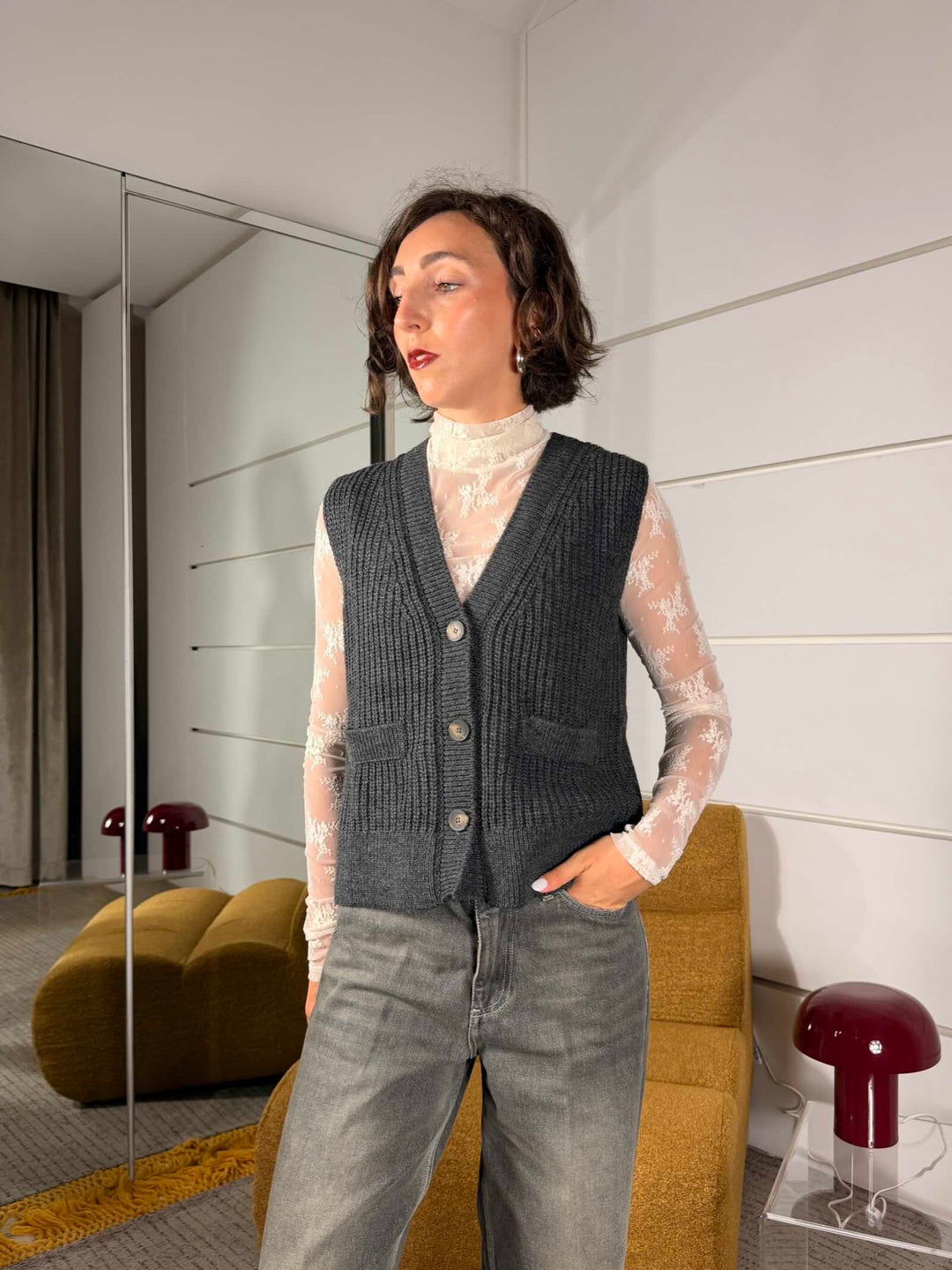 Gilet in maglia con scollo a V antracite 