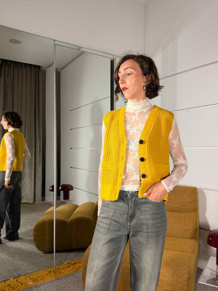 Gilet in maglia con scollo a V senape 