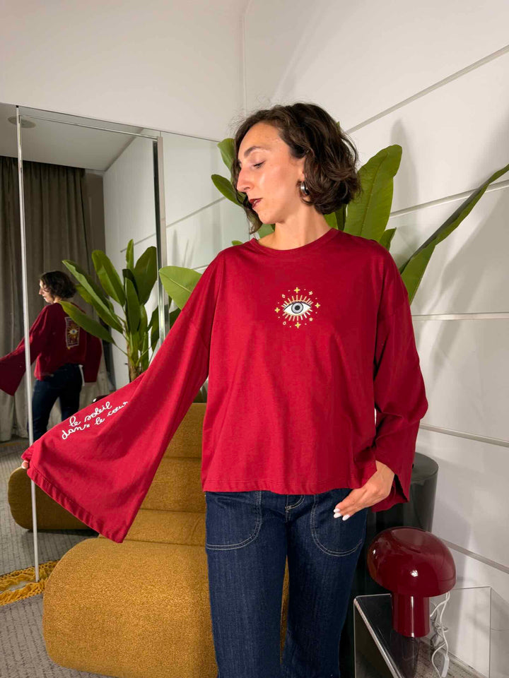 T-shirt manica lunga over bordeaux con stampa di occhio 