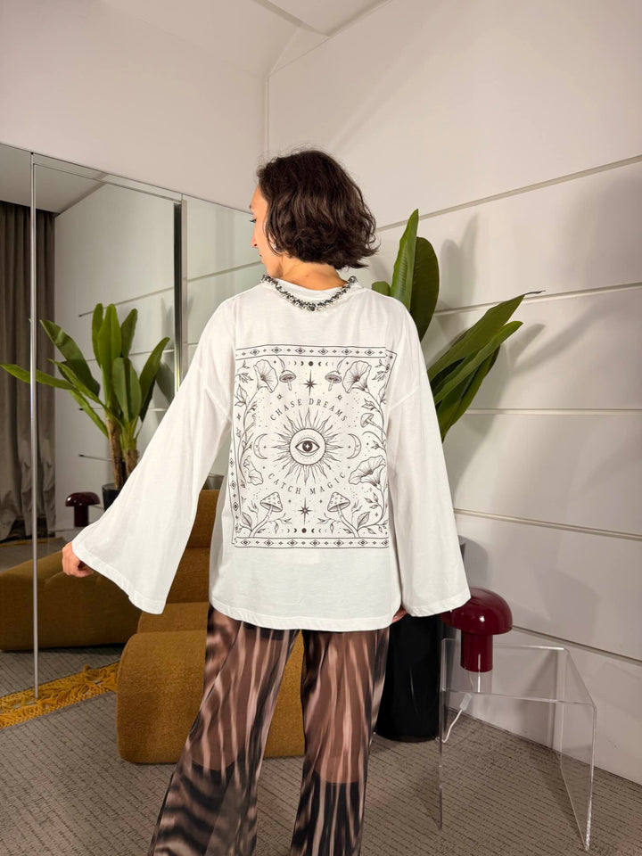T-shirt manica lunga over con stampa bianca 