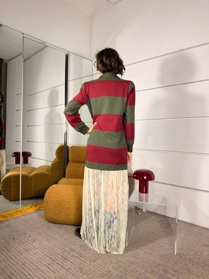 Abito polo con gonna in pizzo bordeaux 