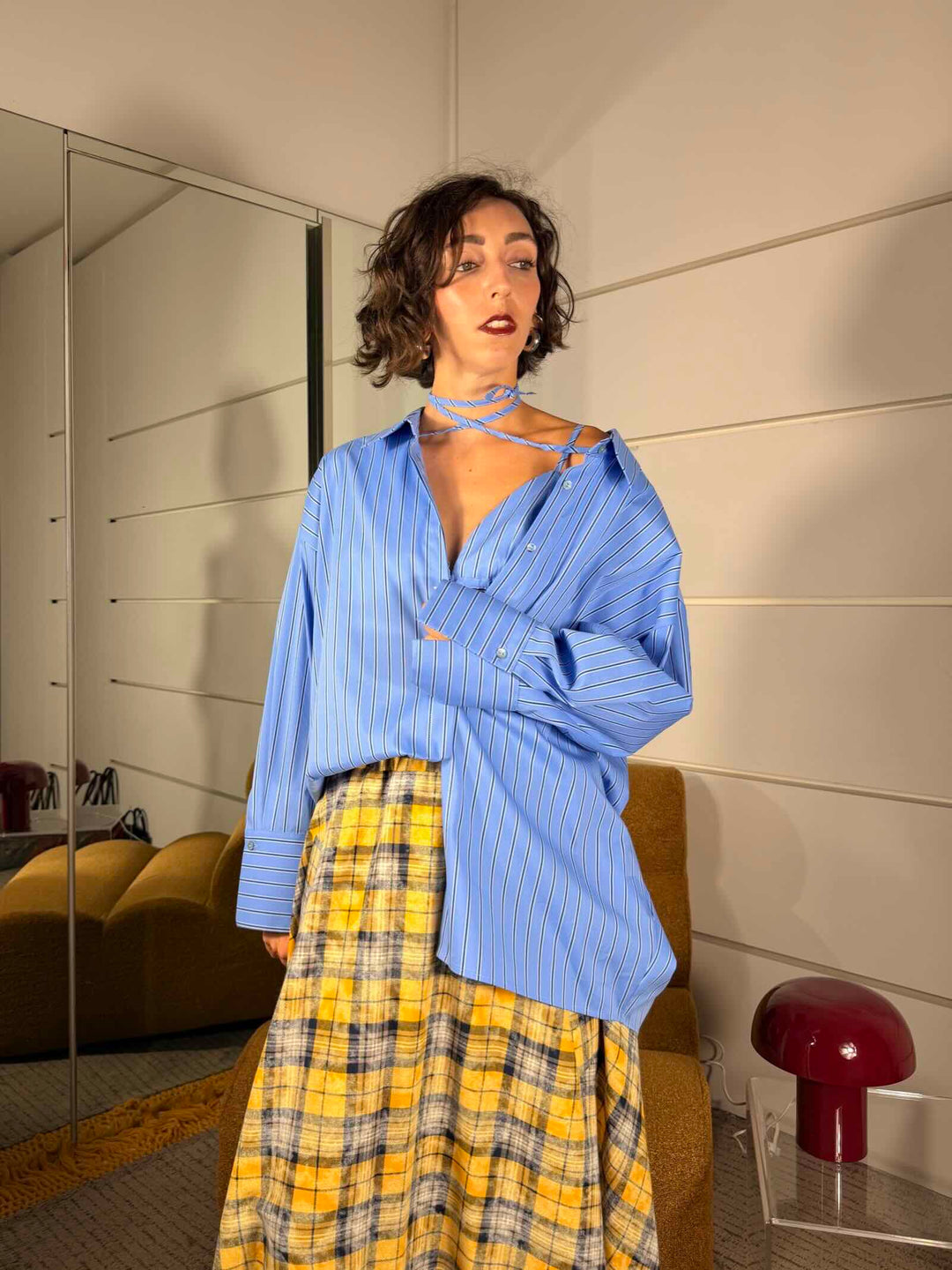 Camicia a righe con laccio al collo color oxford 
