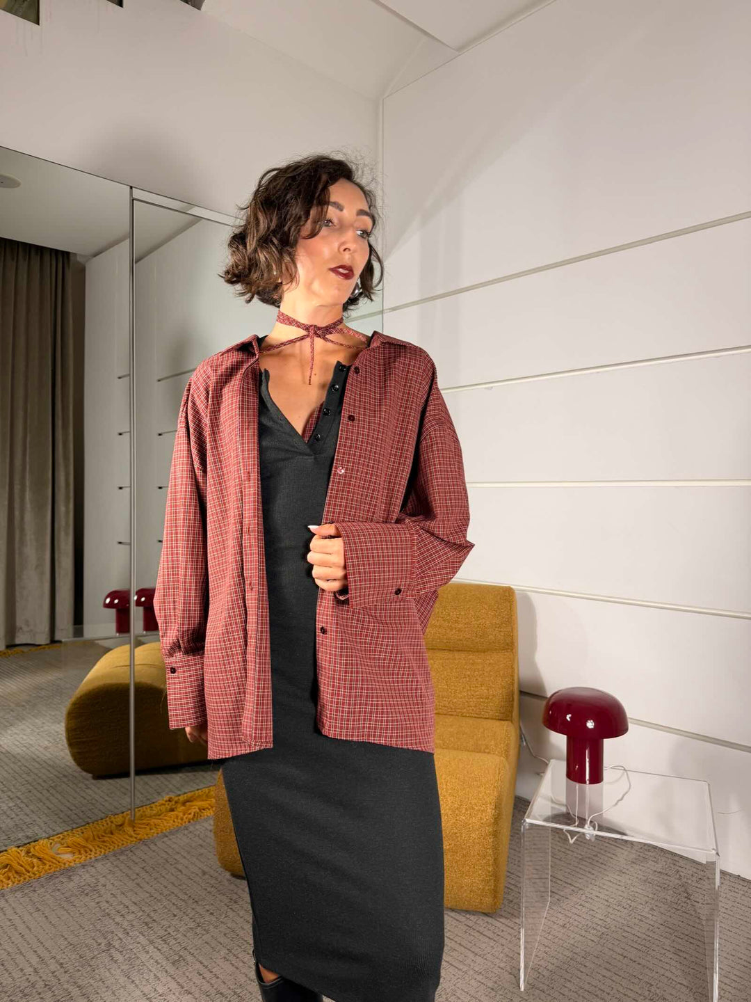 Camicia check over con laccio al collo color tegola 