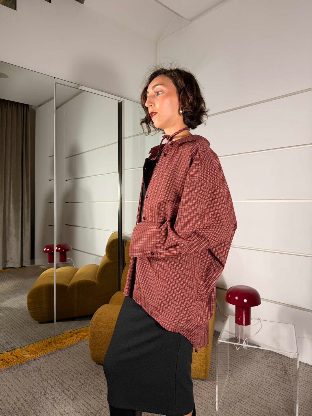 Camicia check over con laccio al collo color tegola 