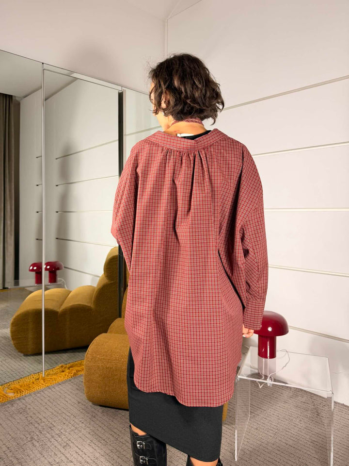 Camicia check over con laccio al collo color tegola 