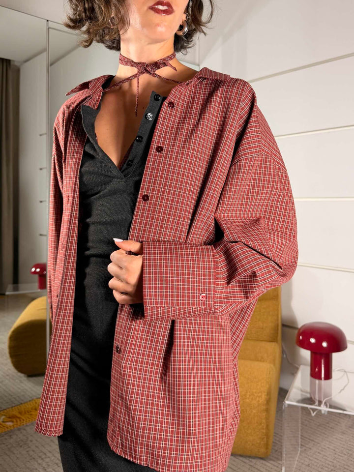 Camicia check over con laccio al collo color tegola 