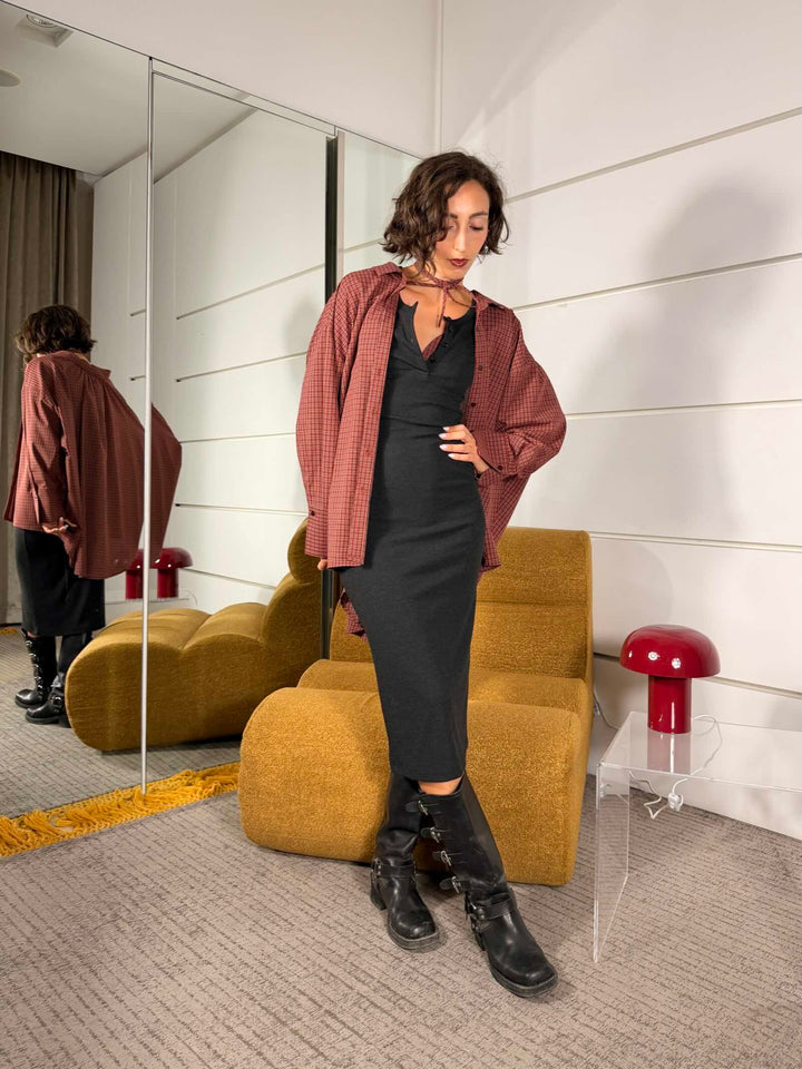 Camicia check over con laccio al collo color tegola 