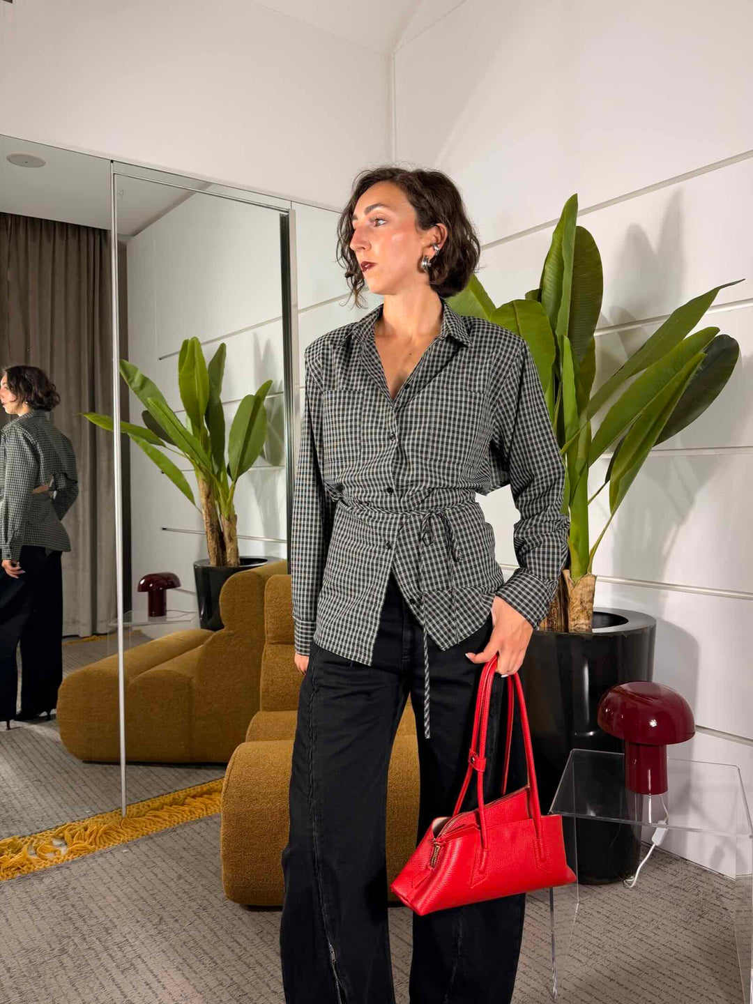 Camicia check con spallina e laccio nera 