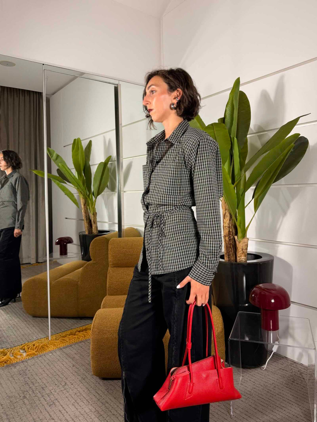 Camicia check con spallina e laccio nera 