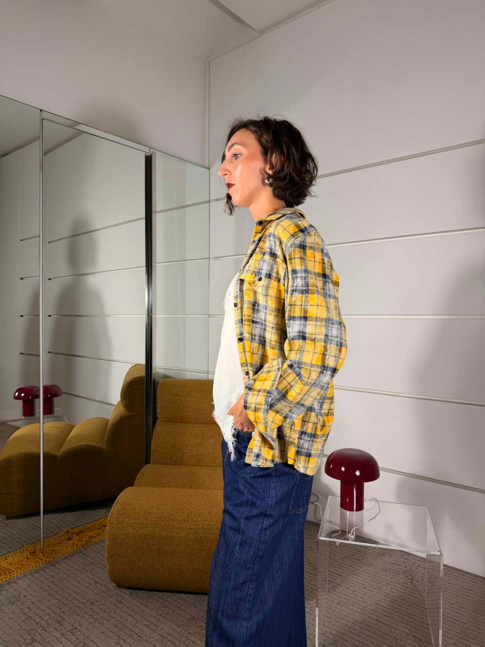 Camicia check over con tasca a patta ocra 