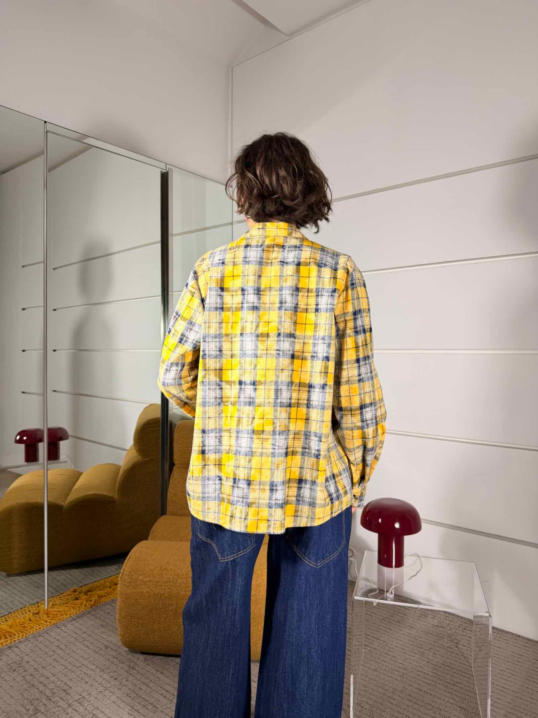 Camicia check over con tasca a patta ocra 