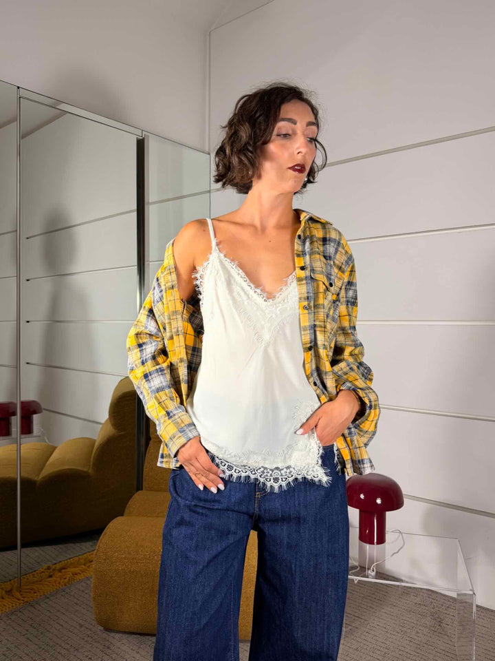 Camicia check over con tasca a patta ocra 