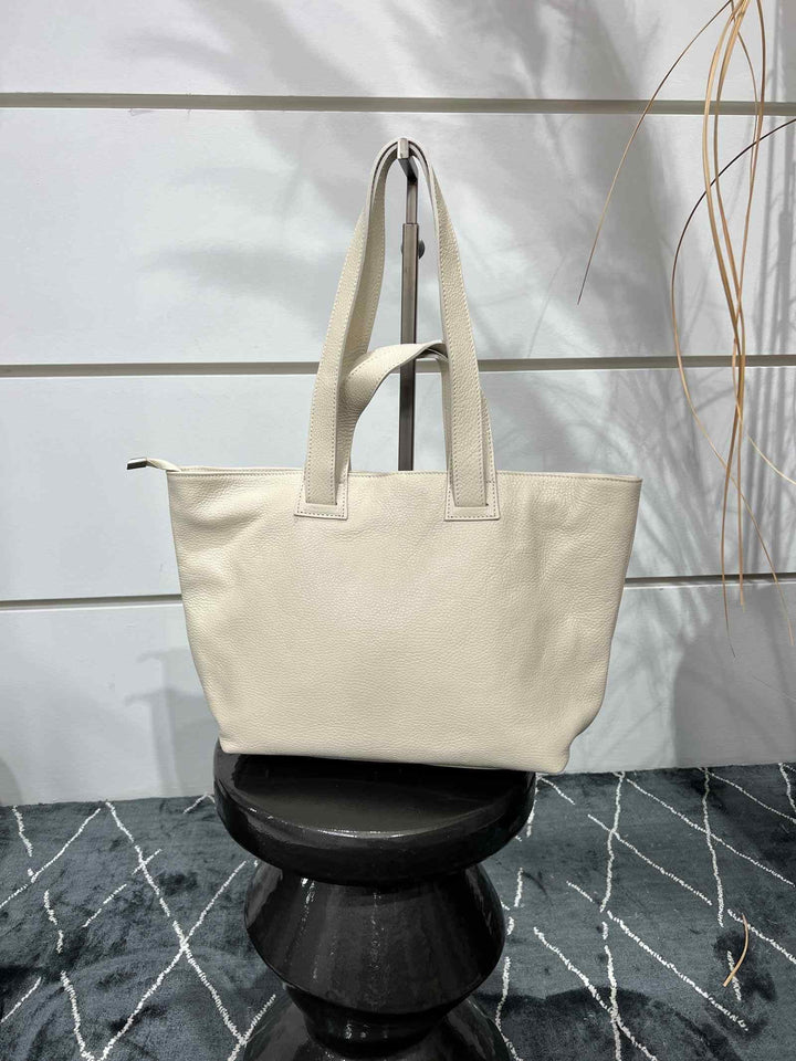 borsa in pelle beige con doppio manico