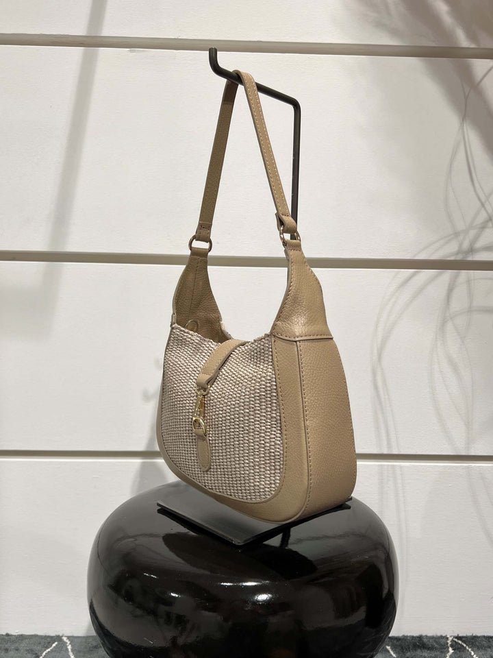 borsa in rafia taupe con tracolla