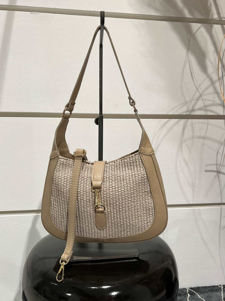 borsa in rafia taupe con tracolla