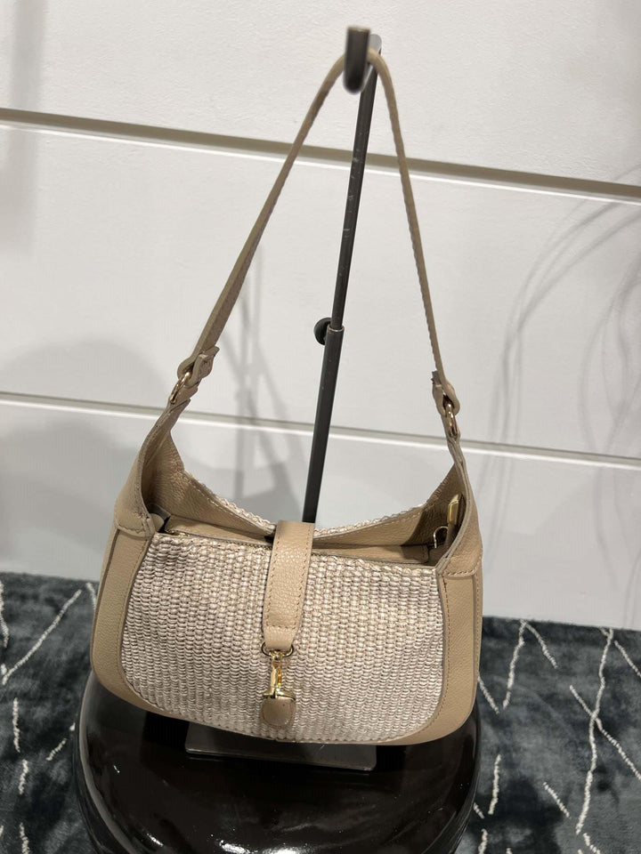 borsa in rafia taupe con tracolla