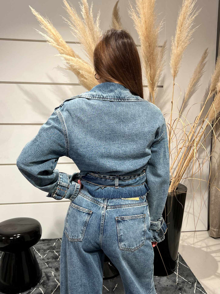 giubbotto chiodo in denim con cinta