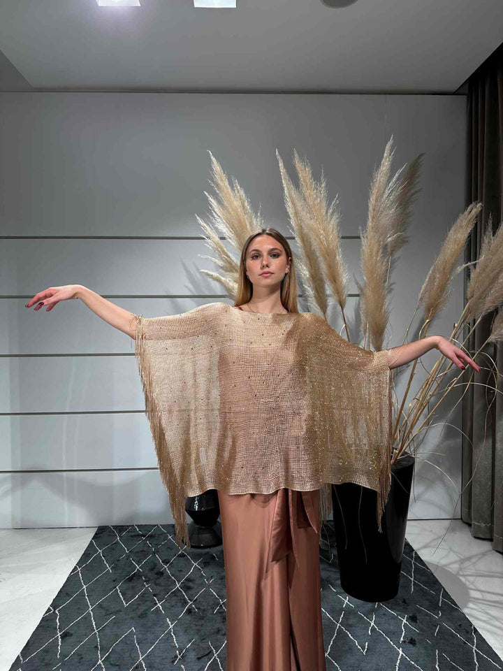 PONCHO IN RETE GOLD CON STRASS E FRANGE