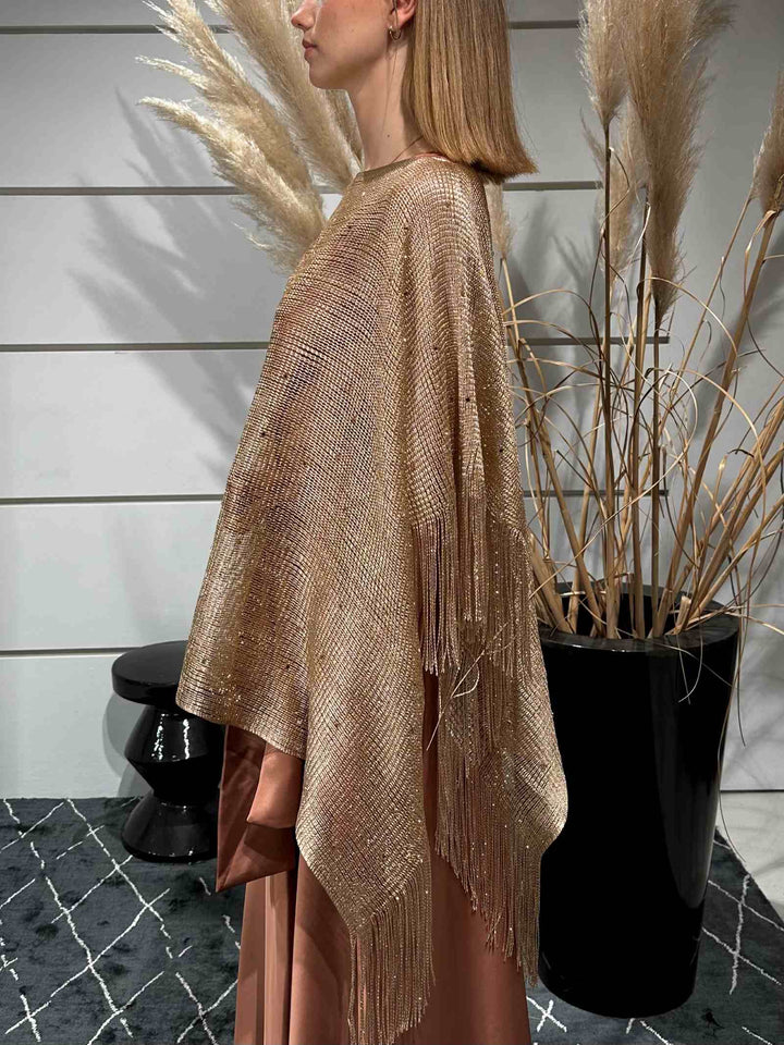 PONCHO IN RETE GOLD CON STRASS E FRANGE