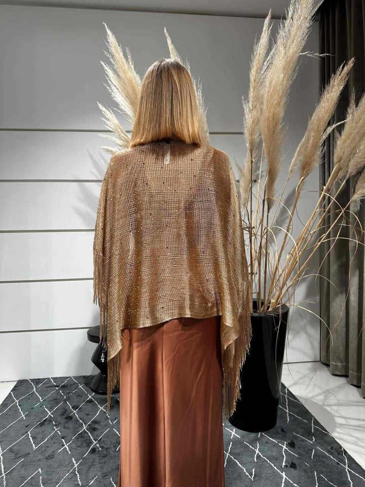 PONCHO IN RETE GOLD CON STRASS E FRANGE