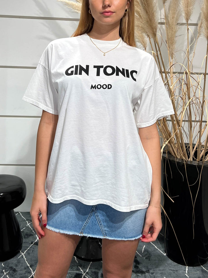 t-shirt in cotone con scritta gin tonic mood bianco e nero