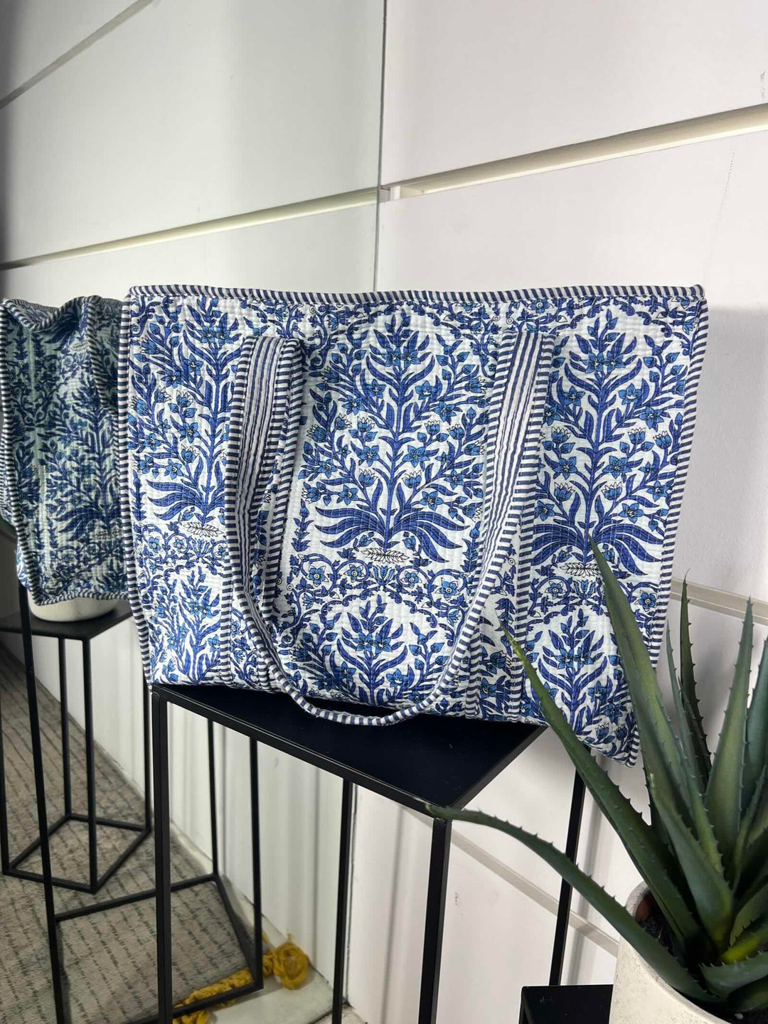 borsa in cotone jasmine bluette e bianco CO-B0225JASMINE/BLUETTE/BIANCO FEMME CAFE SELECTION