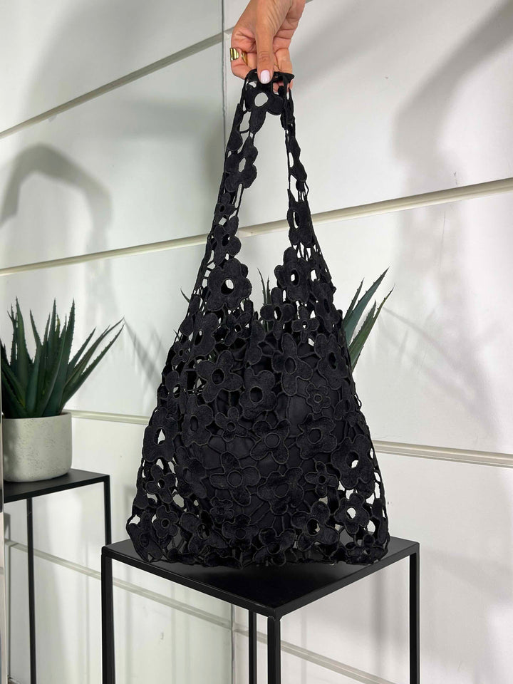 borsa a spalla con fiori nera FF27386BLACK FEMME CAFE SELECTION