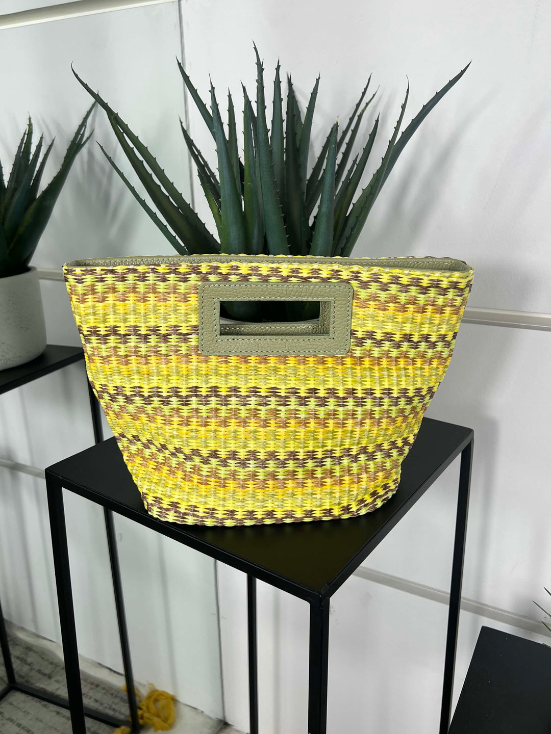 borsa in rafia a mano con inserti in pelle pistacchio RF-BO0188PISTACCHIO FEMME CAFE SELECTION