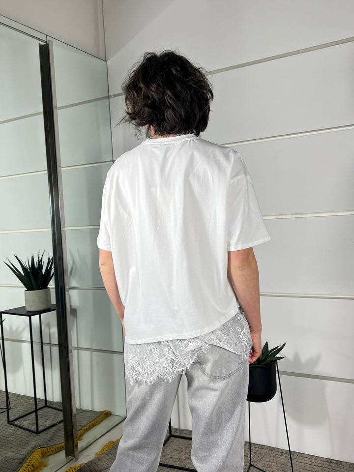 t-shirt manica corta asimmetrica con pizzo bianca 26MP8516BIANCO FEMME SELECTION