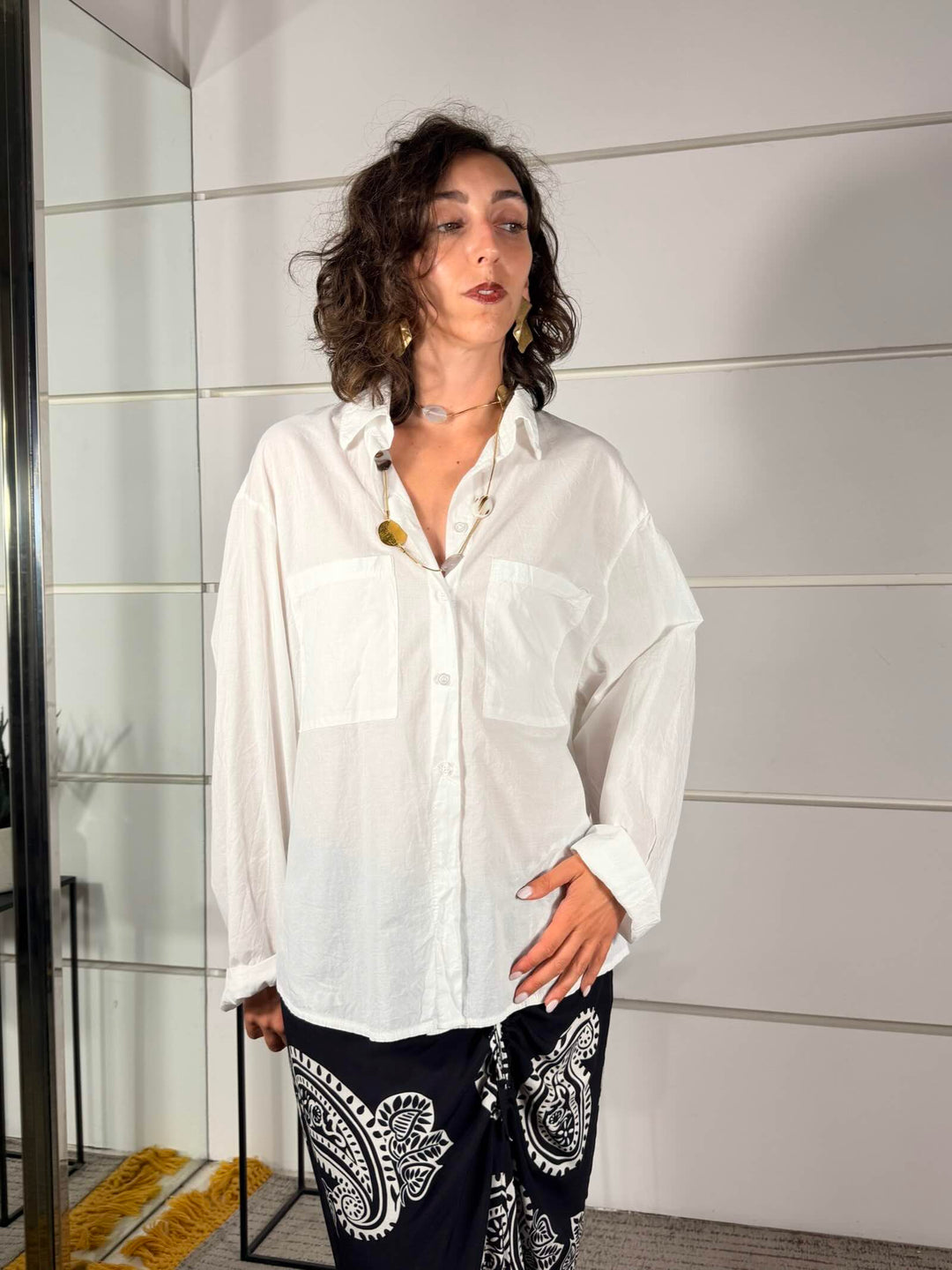 camicia over con due tasche frontali bianco sale in cotone CFW-Q408BIANCO SALE HAVE ONE