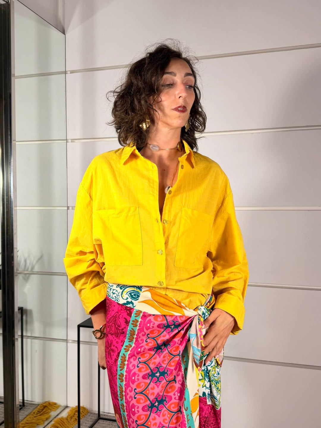 camicia over con due tasche frontali gialla cotone CFW-Q408YELLOW HAVE ONE