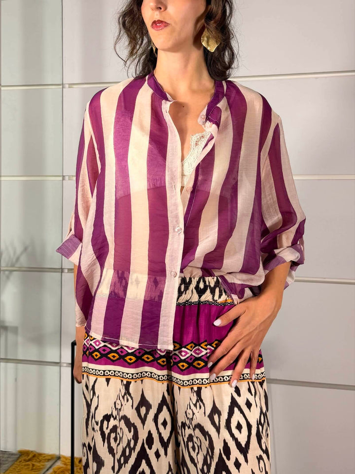 camicia a righe burro e viola in mussola  CVS-Q422RIGA BURRO/VIOLA HAVE ONE