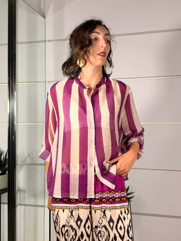 camicia a righe burro e viola in mussola  CVS-Q422RIGA BURRO/VIOLA HAVE ONE
