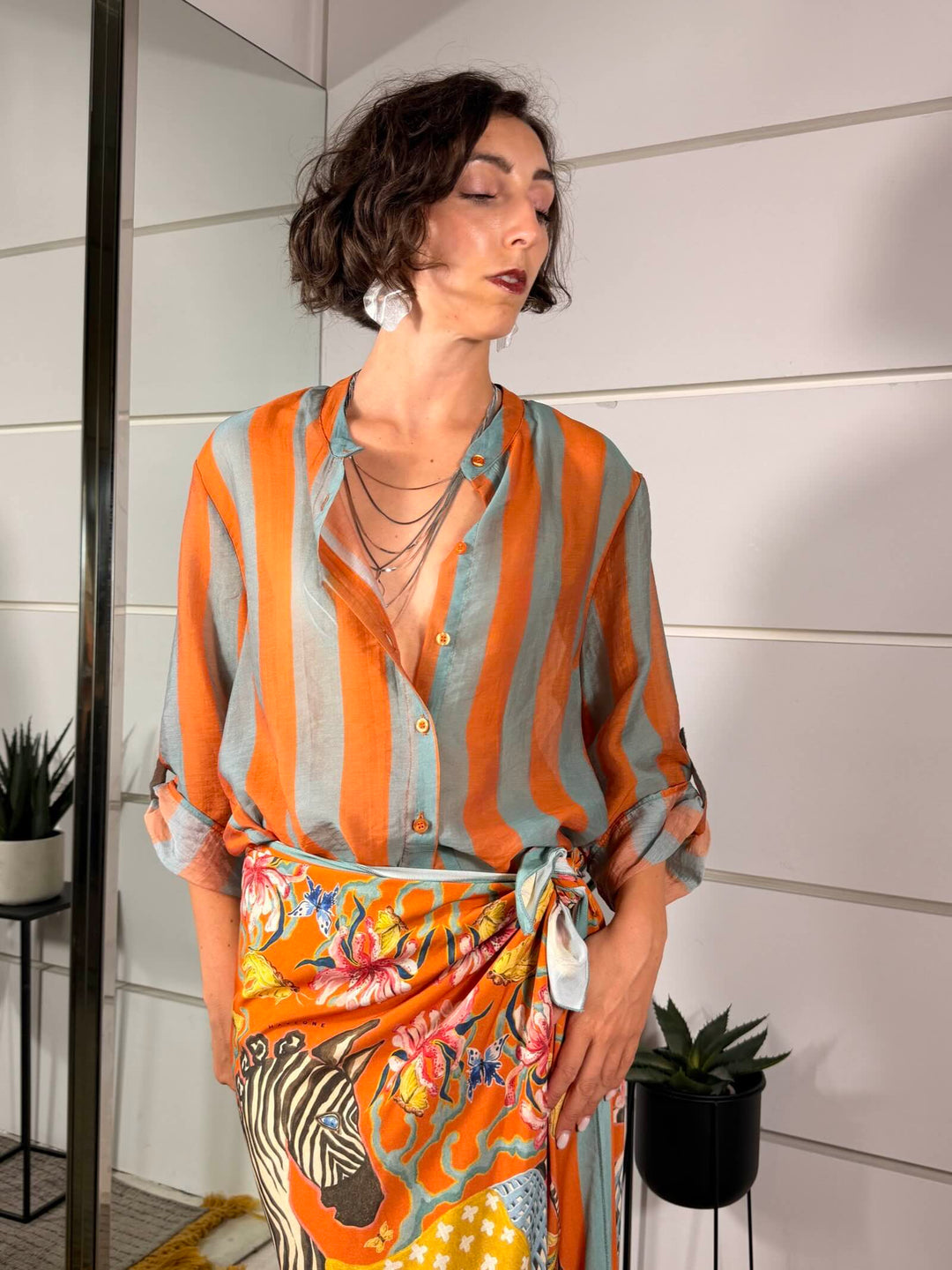 camicia a righe carta da zuccheroe arancio in mussola di cotone 
