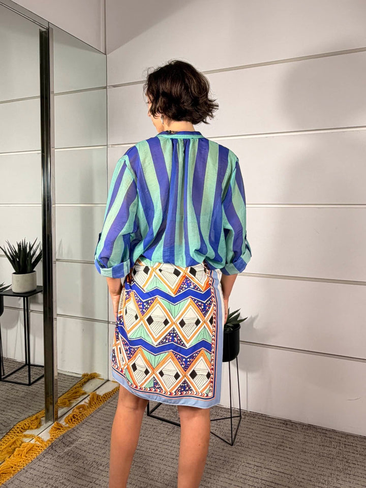 camicia a righe royal e acqua marinain voile <BR/> 