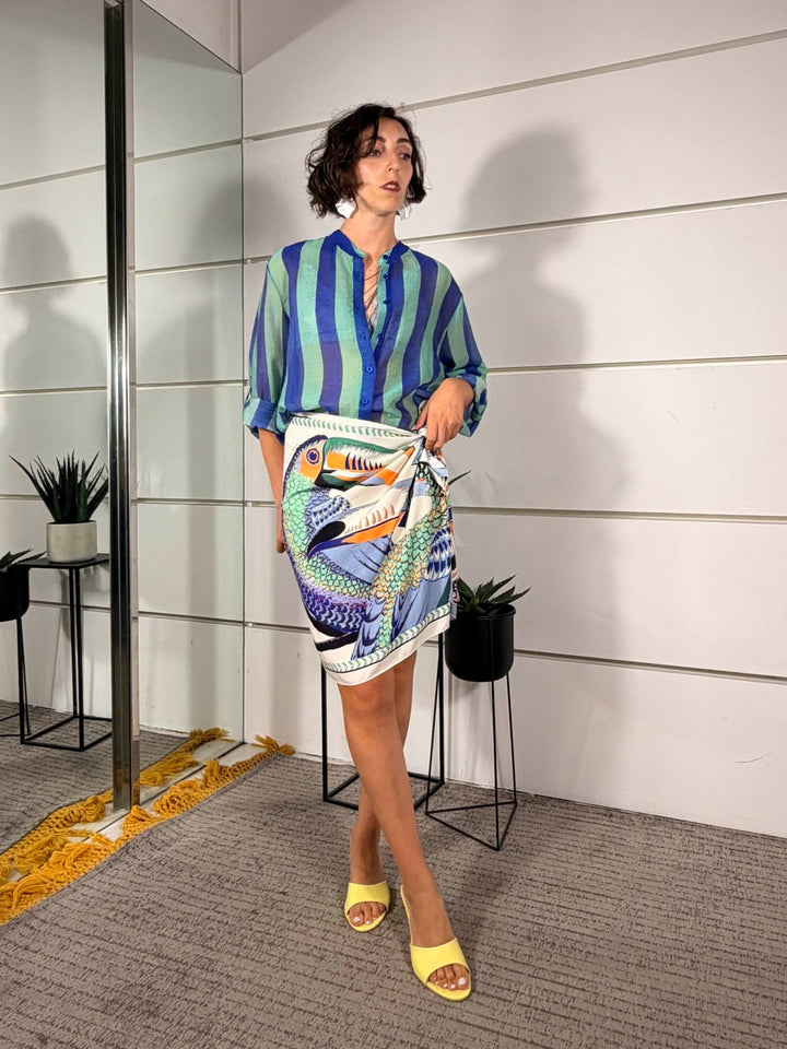 camicia a righe royal e acqua marinain voile <BR/> 
