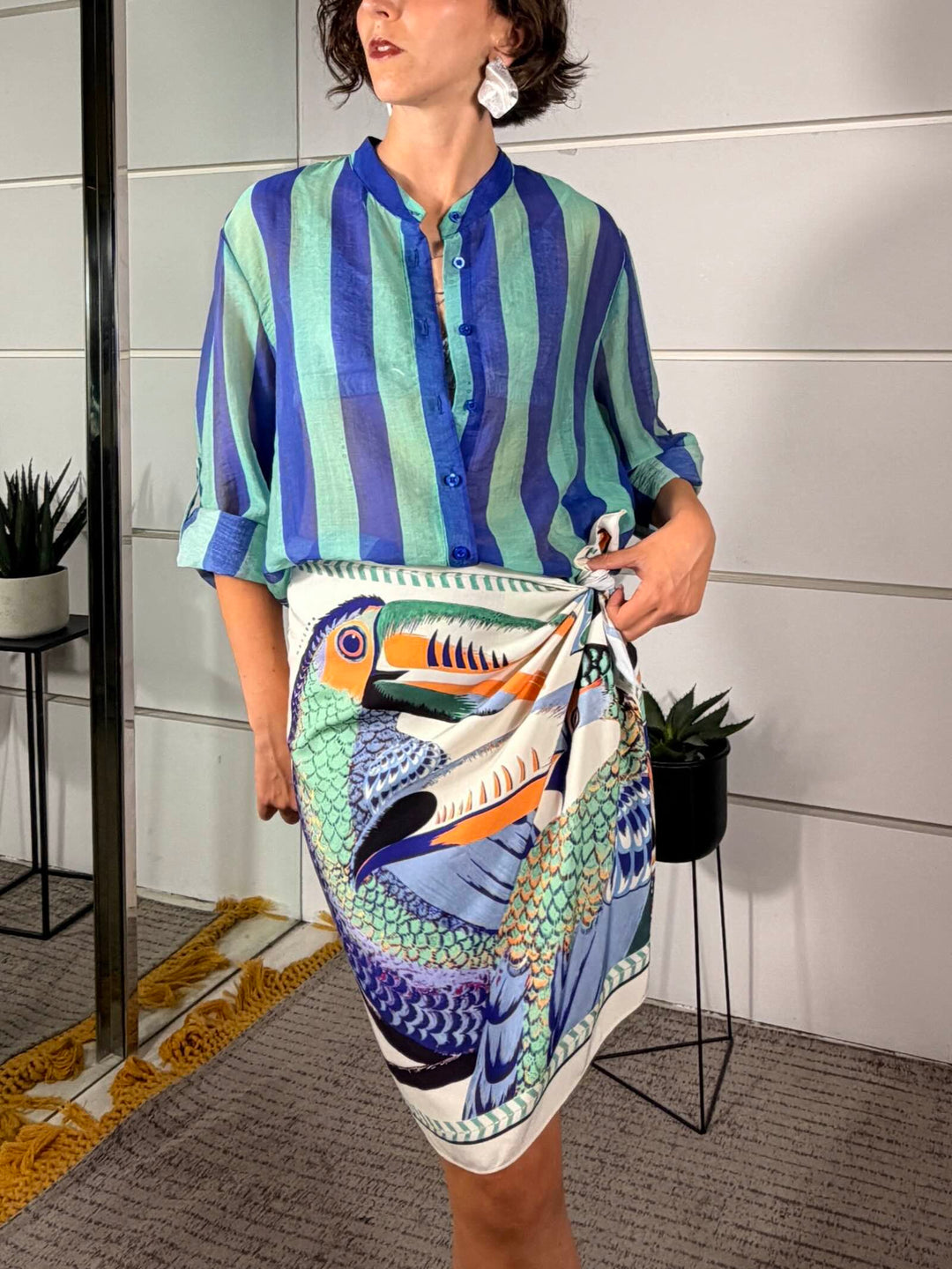 camicia a righe royal e acqua marinain voile <BR/> 